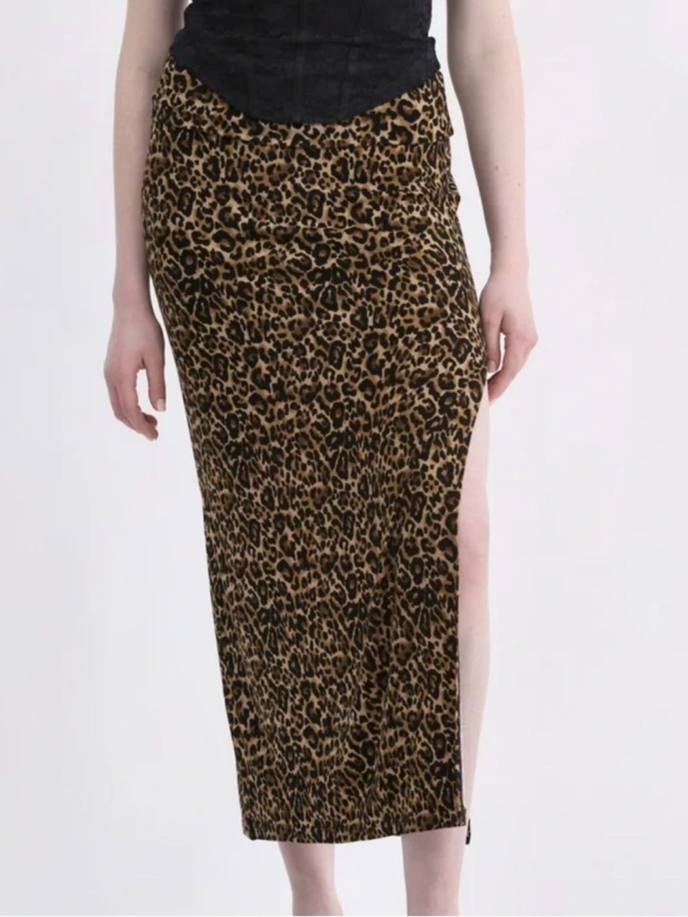 No Boundaries Leopard Print Side-Slit Midi Skirt - Brown & Black